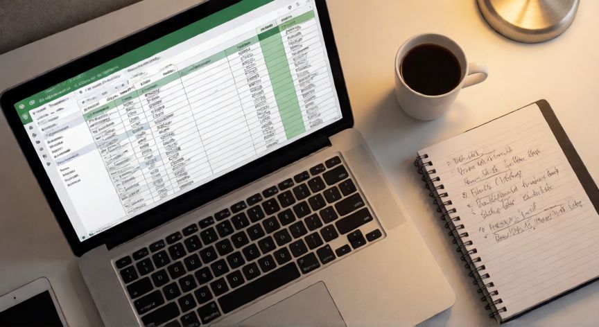 como ordenar en excel alfabeticamente, Vista cenital de una mesa de trabajo con Excel mostrando una tabla ordenada alfabéticamente