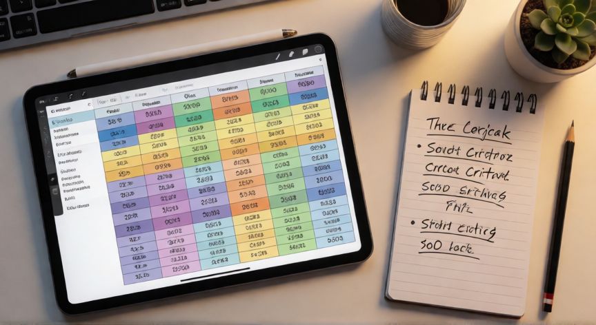 como ordenar en excel numeros, Vista cenital de escritorio con tabla de datos estructurada en Excel y notas sobre criterios de ordenación numérica