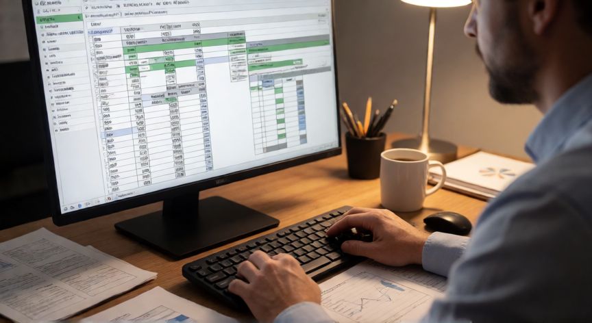 como ordenar en excel por fecha, Analista revisando una tabla dinámica de Excel con campos de fecha agrupados por trimestre en una oficina