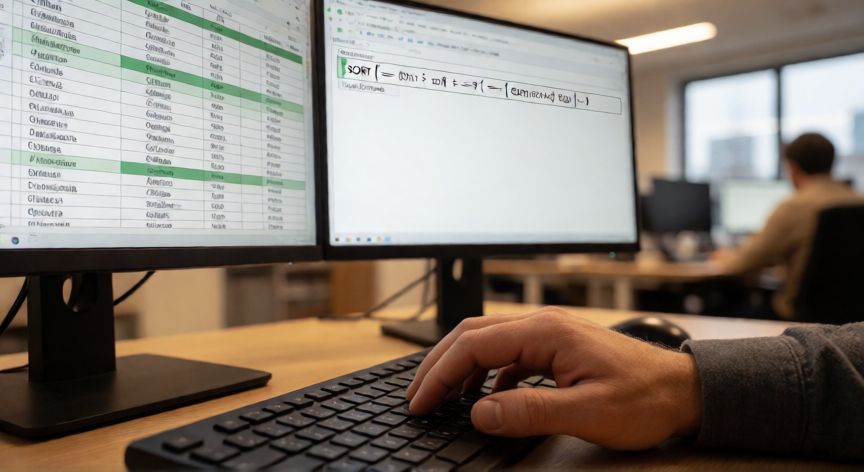 como ordenar en excel por orden alfabetico, Manos usando la función ORDENAR en Excel con dos monitores en una oficina moderna