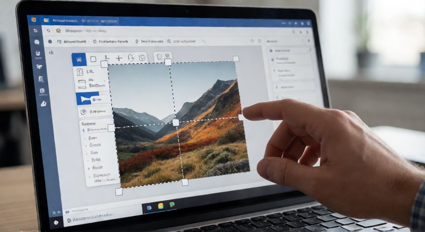 como partir una imagen en 4 word, Pantalla de Microsoft Word mostrando la herramienta Recortar dividiendo una imagen en cuatro partes
