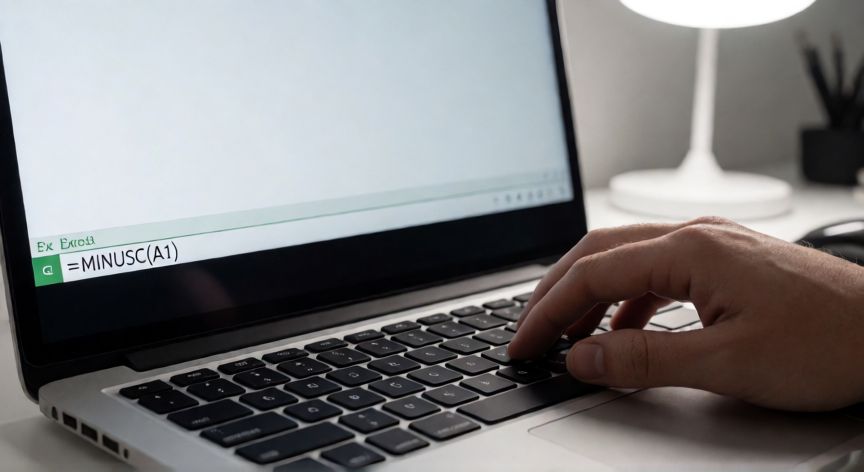 como pasar en excel de mayusculas a minusculas, Manos escribiendo la función MINUSC en la barra de fórmulas de Excel
