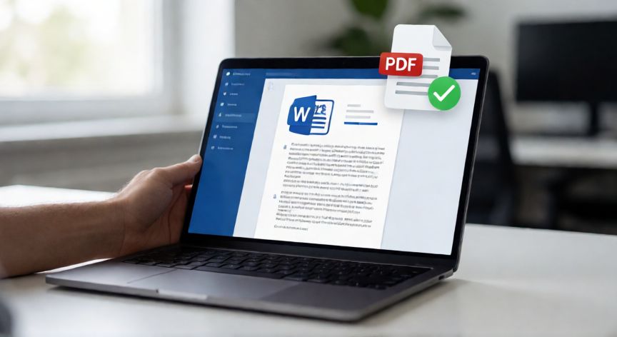 como pasar en word a pdf, Persona convirtiendo un documento de Word a PDF en una laptop