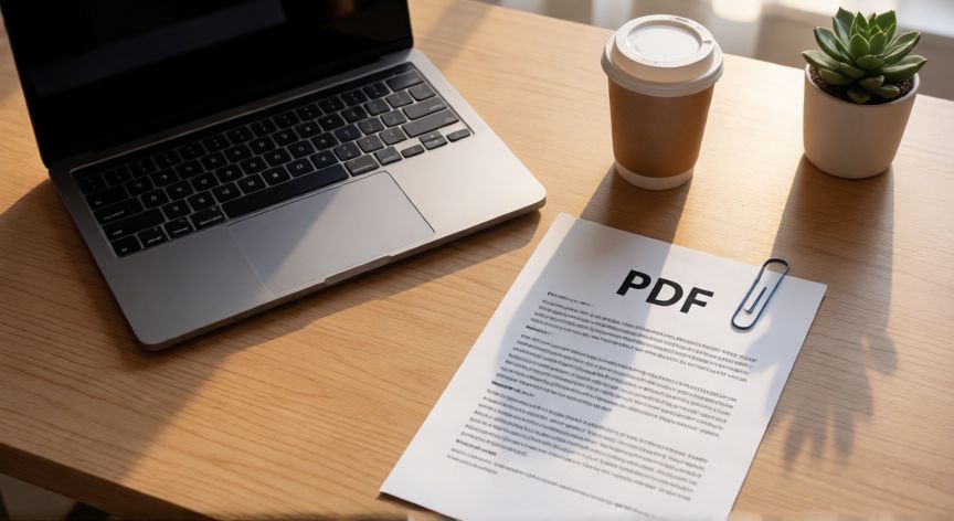 como pasar en word a pdf, Escritorio de oficina con documento PDF impreso y laptop