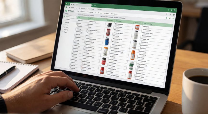 como pegar en excel imagenes, Vista de una hoja de Excel con fotos de productos insertadas en celdas junto a descripciones de texto