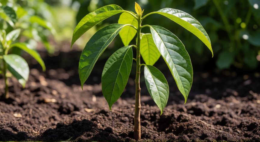 como plantar aguacate, Muda joven de aguacate plantada en tierra fértil con sol directo