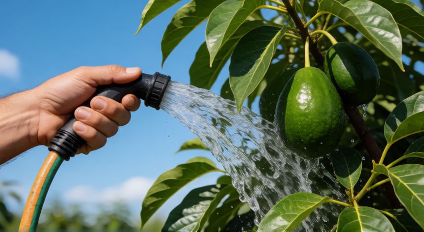 como plantar aguacate, Persona regando un árbol de aguacate maduro con manguera