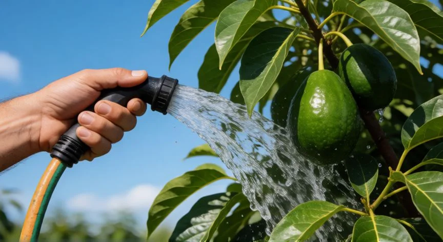como plantar aguacate, Aguacatero joven plantado en maceta de gres en un jardín soleado