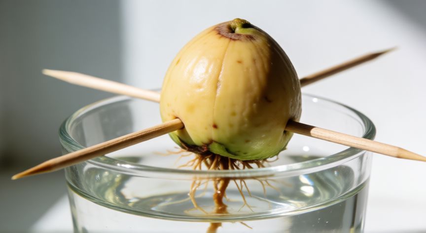 como plantar aguacate hueso, Hueso de aguacate germinando en agua con palillos
