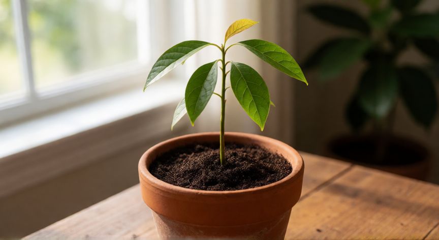 como plantar aguacate hueso, Planta joven de aguacate en maceta de barro