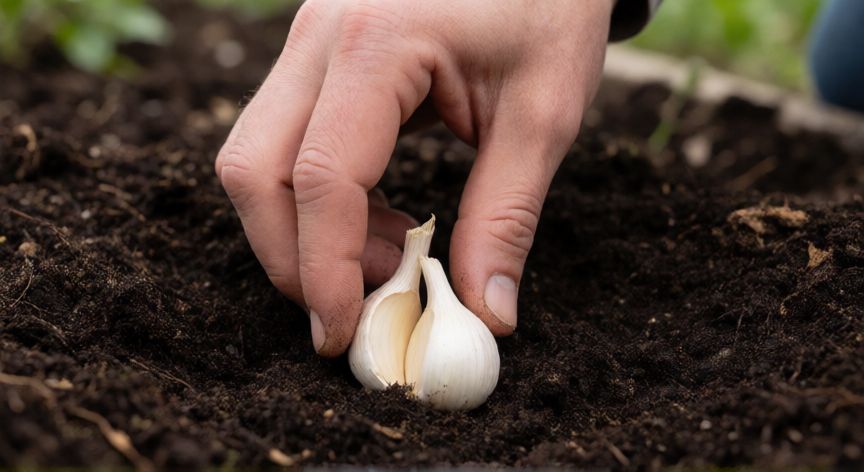 como plantar ajos, Manos plantando dientes de ajo en tierra fértil