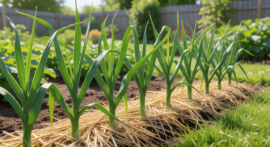 como plantar ajos, Plántulas de ajo creciendo en un huerto con mantillo