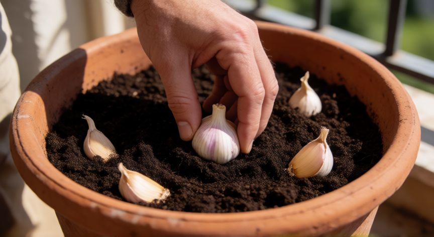 como plantar ajos en maceta, Manos plantando dientes de ajo en una maceta de terracota con sustrato oscuro