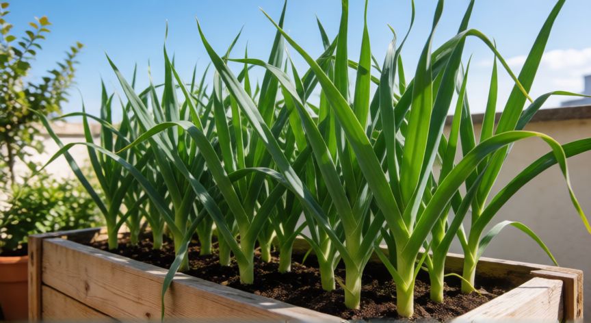 como plantar ajos en maceta, Plantas de ajo verdes y sanas creciendo en una maceta de madera al sol