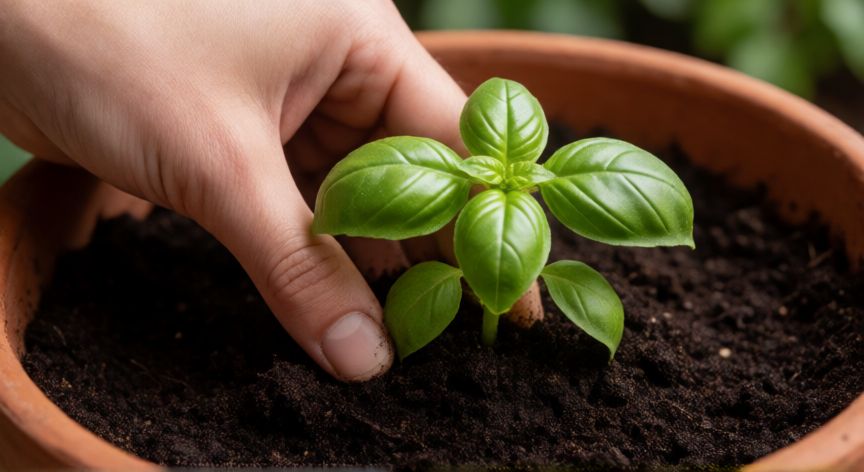 como plantar albahaca, Manos plantando una semillana de albahaca en maceta con sustrato