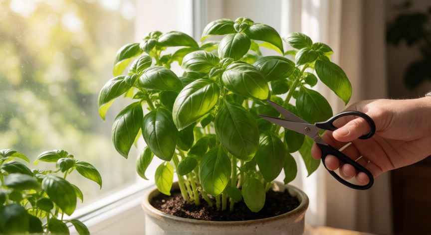como plantar albahaca, Planta de albahaca frondosa en ventana soleada siendo podada con tijeras