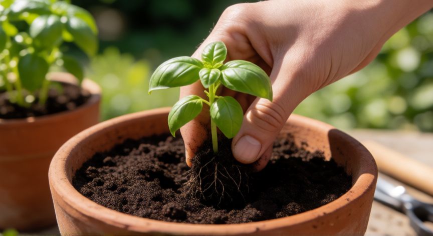 como plantar albahaca en maceta, Manos plantando una planta de albahaca en una maceta de terracota con sustrato fresco