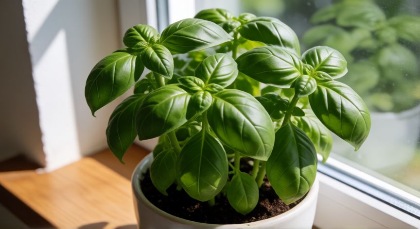 como plantar albahaca en maceta, Planta de albahaca sana y frondosa en maceta blanca sobre una repisa con luz natural