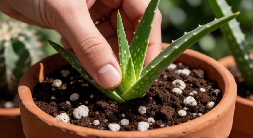 como plantar aloe vera, Manos plantando una suculenta de aloe vera en una maceta con sustrato arenoso y perlita.