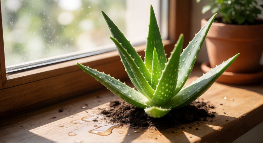 como plantar aloe vera, Planta de aloe vera saludable en una maceta sobre una mesa de madera recibiendo luz solar directa.