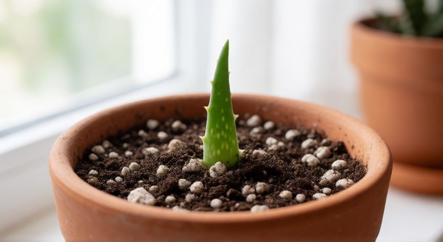 como plantar aloe vera sin raíz, Maceta con sustrato arenoso y esqueje de aloe vera plantado