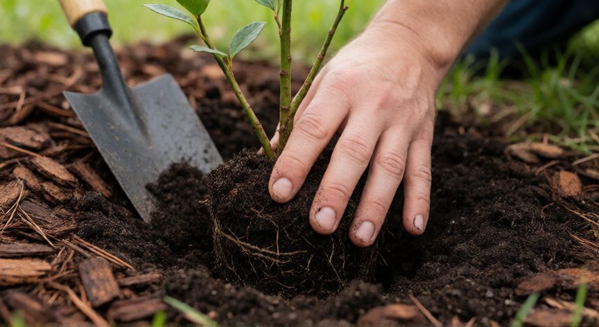 como plantar arandanos, Plantación de planta joven de arándano en suelo ácido con cobertura orgánica