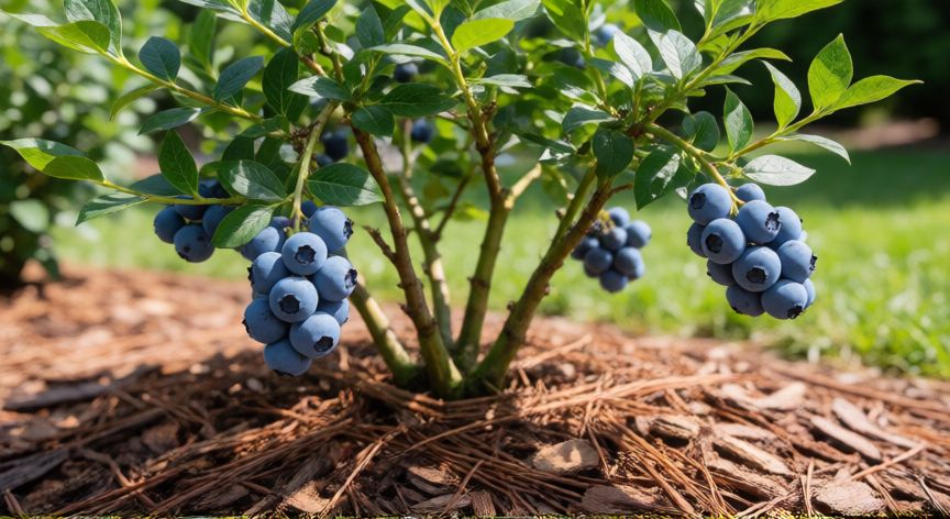 como plantar arandanos, Arbusto maduro de arándanos con frutos listos para cosechar y mulch de corteza