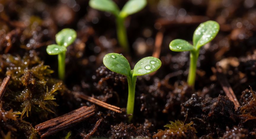 como plantar arándanos en casa desde semilla, Plántulas jóvenes de arándano brotando de sustrato ácido de turba y corteza