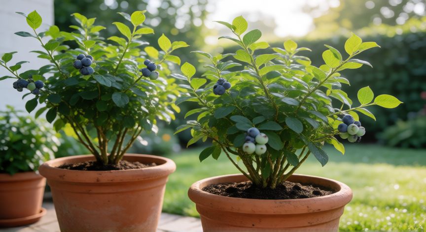 como plantar arándanos en casa desde semilla, Dos macetas con plantas de arándano sanas en un patio soleado con bayas verdes