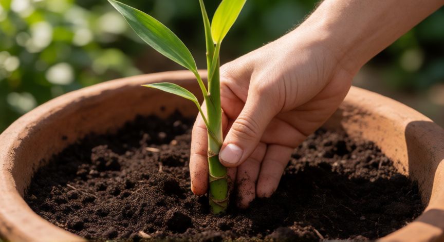como plantar bambu, Manos plantando un brote de bambú en una maceta de terracota con suelo fértil.