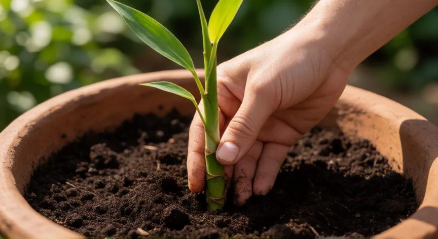 Bambú joven plantado en un jardín con cañas altas al fondo y tierra preparada