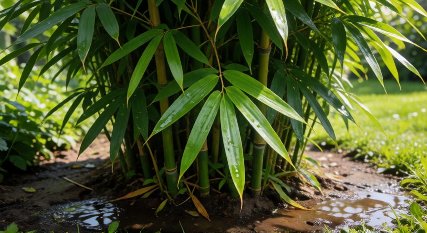 como plantar bambu, Planta de bambú saludable en el jardín con hojas verdes brillantes tras el riego.