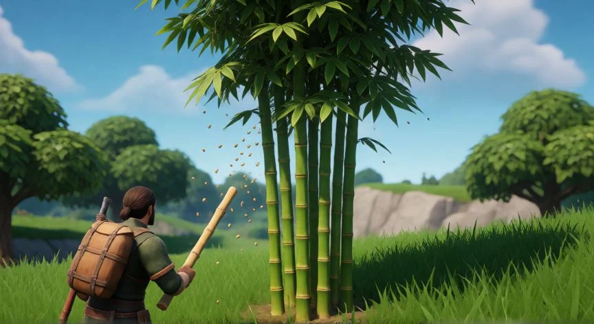 como plantar bambu en animal crossing, Jardín zen con bambú en etapas de crecimiento y lámpara de brote