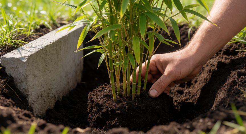 como plantar bambú en tierra, Jardinero plantando una mata de bambú en tierra con barrera de contención perimetral