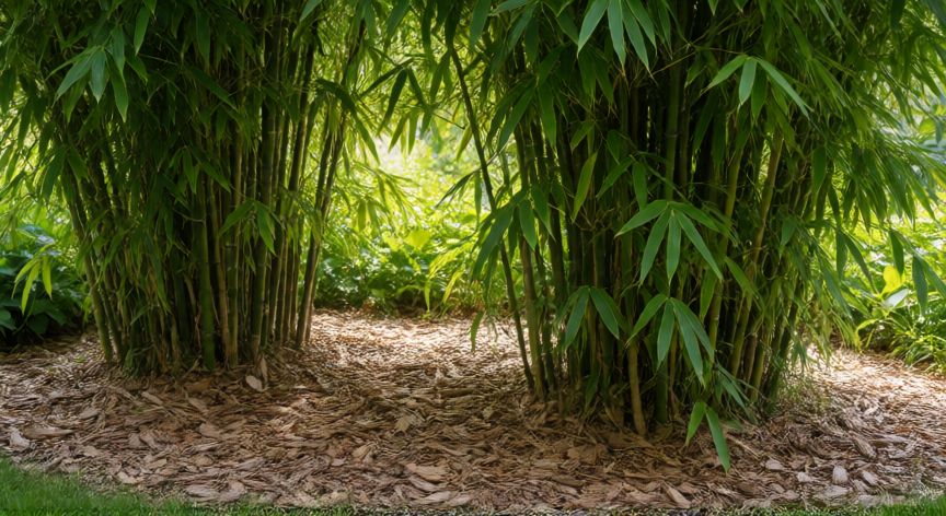 como plantar bambú en tierra, Seto de bambú saludable en un jardín con capa de mulch y sol de verano