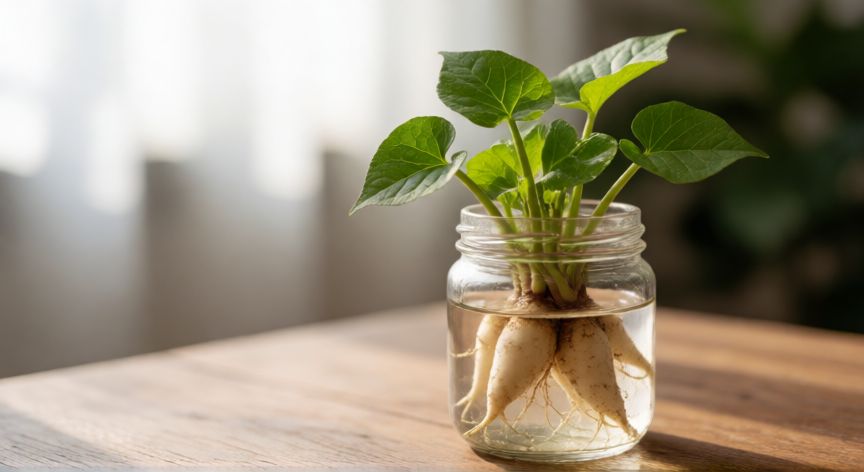 como plantar batata, Estolones de batata desarrollando raíces en un vaso con agua sobre una mesa de madera