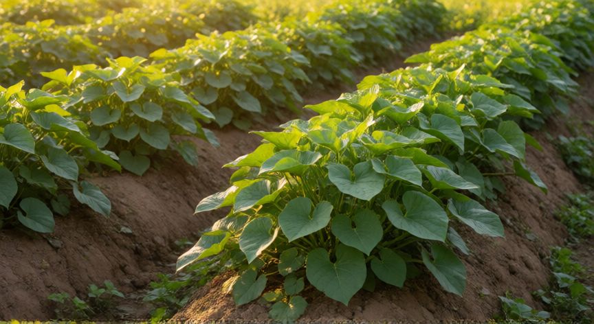 como plantar batata, Hileras de plantas de batata con hojas verdes creciendo en montículos de tierra en un huerto al atardecer