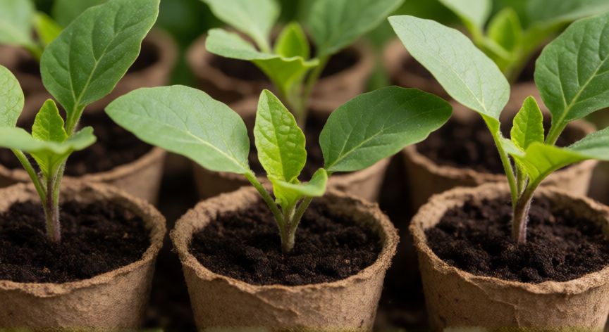 como plantar berenjenas, Jovenes plantones de berenjena en macetas listas para el trasplante