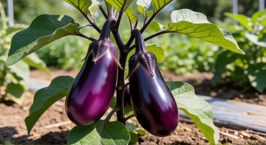 como plantar berenjenas, Planta de berenjena madura con frutos morados en un huerto soleado