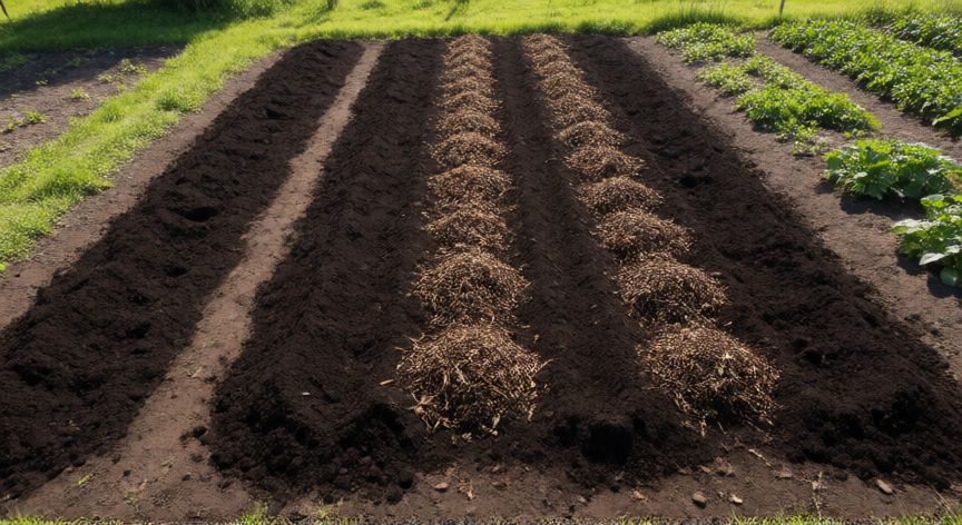 como plantar boniatos, Preparacion de la cama de cultivo con suelo rico y abonado para plantar boniatos.