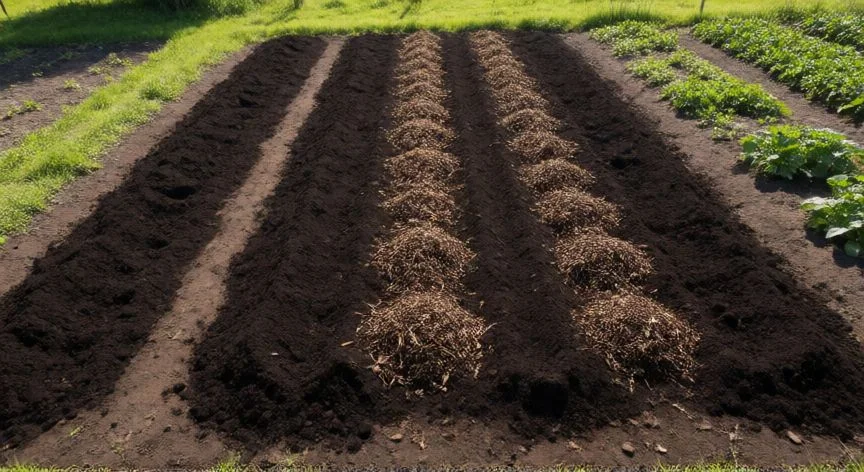 Manos plantando un esqueje de boniato horizontalmente en tierra suelta del huerto