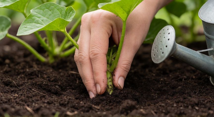 como plantar boniatos, Manos plantando una estaca de boniato en el suelo preparado con cuidado.