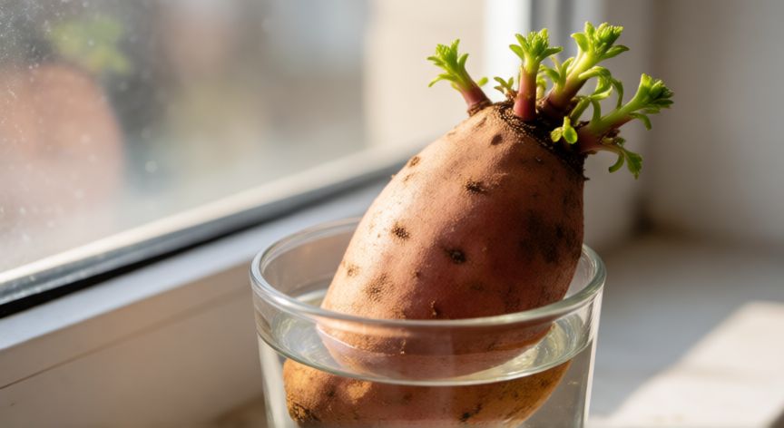 como plantar boniatos en casa, Brotes de boniato germinando en un vaso con agua cerca de una ventana