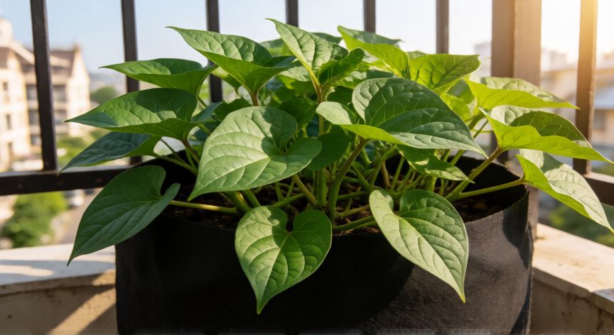 como plantar boniatos en casa, Planta de boniato con follaje verde en maceta grande en un balcón soleado