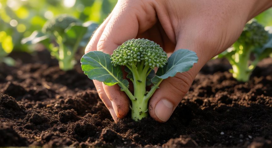 como plantar brocoli, Manos plantando una plántula de brócoli en tierra fertilizada