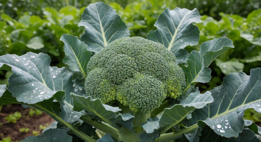 como plantar brocoli, Cabeza de brócoli verde lista para la cosecha en un huerto
