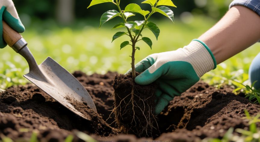 como plantar buganvilla, Proceso de plantación de una buganvilla en el suelo con herramientas de jardinería