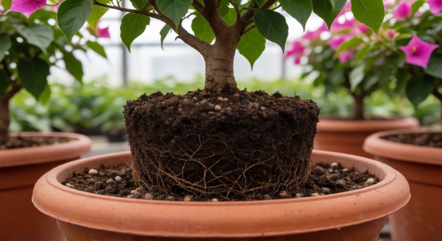 como plantar buganvilla en maceta, Detalle de la maceta y el sustrato adecuado para plantar una buganvilla