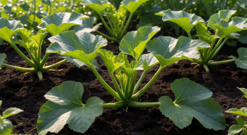 como plantar calabacines, Plántulas de calabacín creciendo en tierra fértil con sol matutino