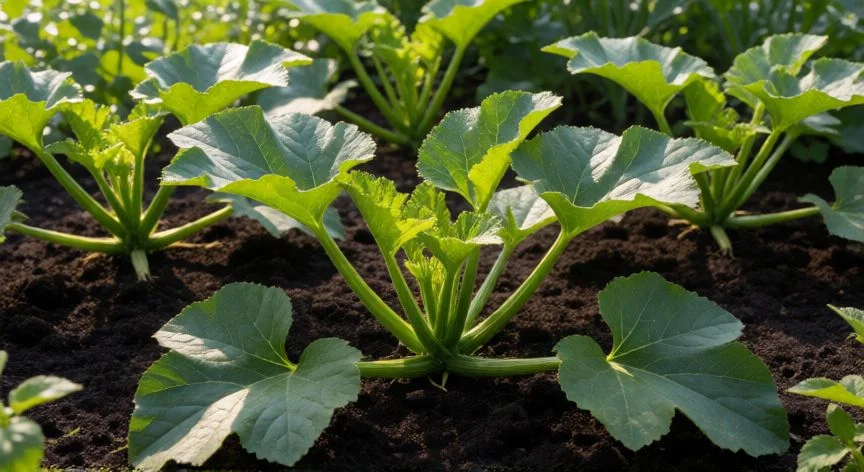 Planta joven de calabacín con flor amarilla y acolchado de paja en huerto